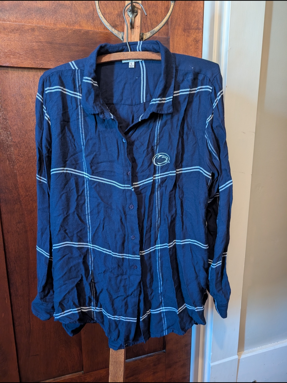 Women's Navy Plaid Button-Down Shirt with Penn State Logo